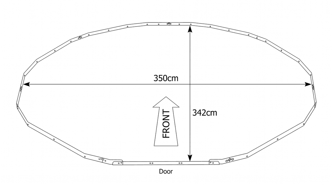 Top-down anchoring diagram of the dome base ring: 350cm left to right, 342cm back to front, door at the front