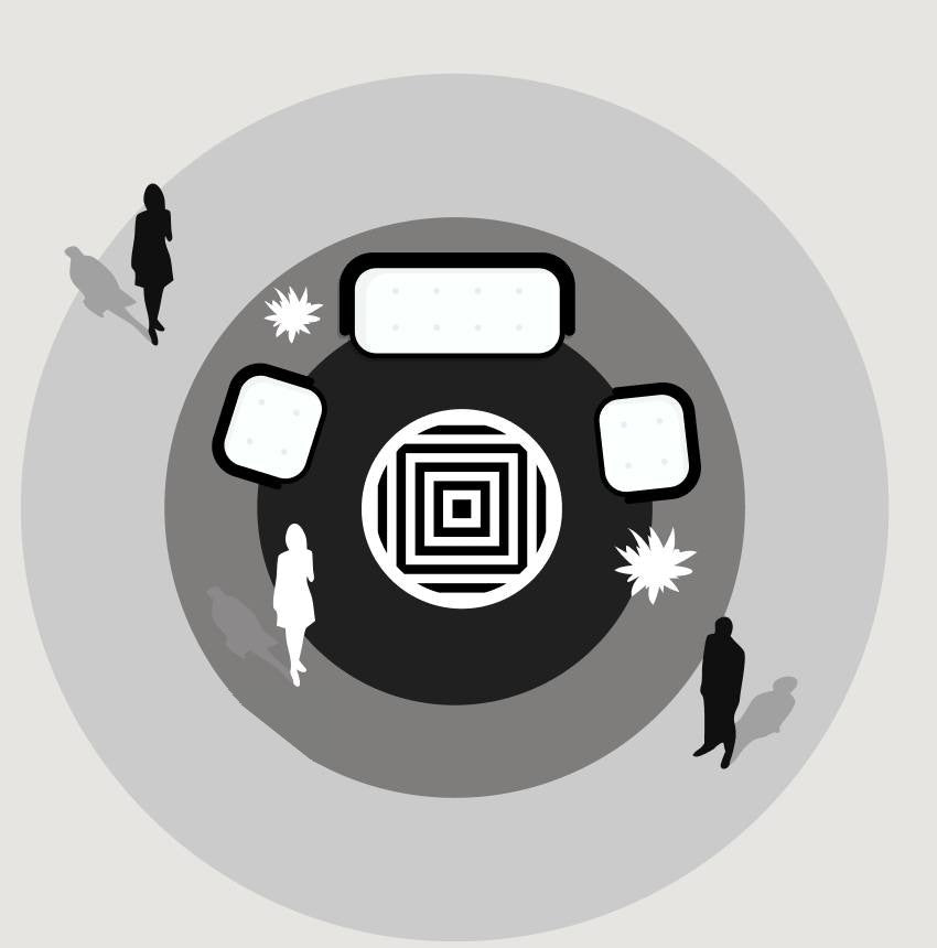 Top-down illustration of a furnished GeoDomeX with people for scale